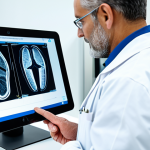 A professional radiologist, a man in his 40s, dressed in a modest lab coat over professional attire, standing in a clean, brightly lit modern radiology department. He is holding a sleek, large tablet in his hands, attentively reviewing high-resolution medical imaging scans displayed on its screen. A subtle overlay on the screen indicates an AI-driven analysis highlighting a specific area, symbolizing advanced diagnostic assistance. The background shows blurred modern medical equipment and a pristine, organized workspace. The atmosphere is highly professional and focused. Safe for work, appropriate content, fully clothed, professional dress, perfect anatomy, correct proportions, natural pose, well-formed hands, proper finger count, natural body proportions, high-quality professional photography, detailed, sharp focus.