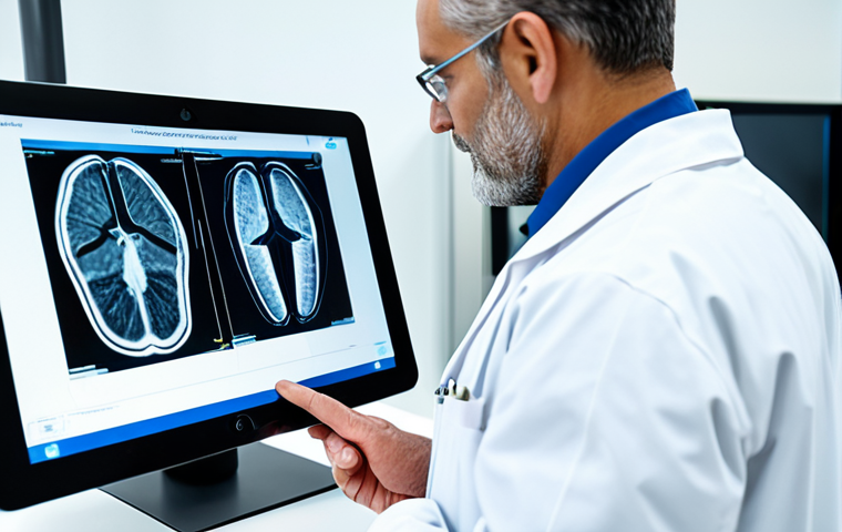 A professional radiologist, a man in his 40s, dressed in a modest lab coat over professional attire, standing in a clean, brightly lit modern radiology department. He is holding a sleek, large tablet in his hands, attentively reviewing high-resolution medical imaging scans displayed on its screen. A subtle overlay on the screen indicates an AI-driven analysis highlighting a specific area, symbolizing advanced diagnostic assistance. The background shows blurred modern medical equipment and a pristine, organized workspace. The atmosphere is highly professional and focused. Safe for work, appropriate content, fully clothed, professional dress, perfect anatomy, correct proportions, natural pose, well-formed hands, proper finger count, natural body proportions, high-quality professional photography, detailed, sharp focus.