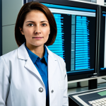 A highly skilled female radiation safety officer, fully clothed in a professional, modest laboratory coat, stands confidently in a clean, modern research facility control room. Advanced computer monitors display complex data in the background. She holds a sleek, state-of-the-art electronic dosimeter, its screen showing real-time radiation levels, emphasizing precision monitoring and smart technology. high resolution, professional photography, soft studio lighting, crisp focus, perfect anatomy, correct proportions, natural pose, well-formed hands, proper finger count, natural body proportions, safe for work, appropriate content, fully clothed, professional, family-friendly.