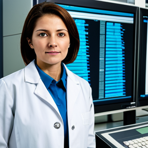 A highly skilled female radiation safety officer, fully clothed in a professional, modest laboratory coat, stands confidently in a clean, modern research facility control room. Advanced computer monitors display complex data in the background. She holds a sleek, state-of-the-art electronic dosimeter, its screen showing real-time radiation levels, emphasizing precision monitoring and smart technology. high resolution, professional photography, soft studio lighting, crisp focus, perfect anatomy, correct proportions, natural pose, well-formed hands, proper finger count, natural body proportions, safe for work, appropriate content, fully clothed, professional, family-friendly.