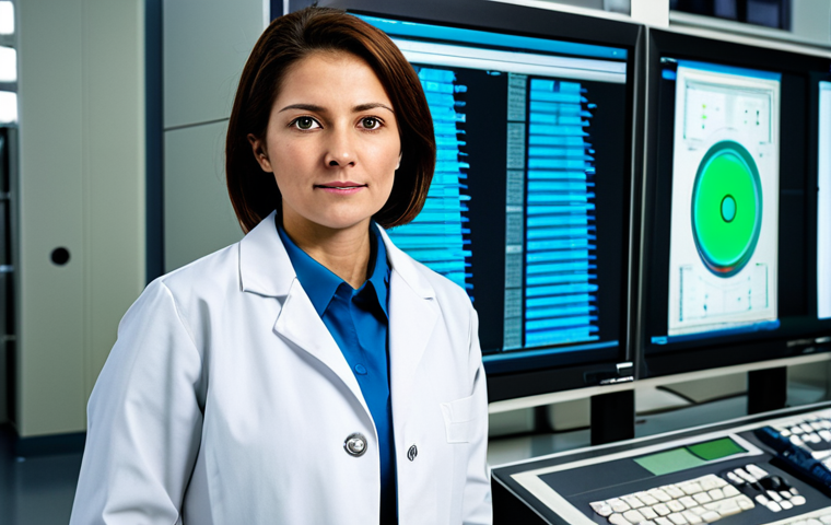 A highly skilled female radiation safety officer, fully clothed in a professional, modest laboratory coat, stands confidently in a clean, modern research facility control room. Advanced computer monitors display complex data in the background. She holds a sleek, state-of-the-art electronic dosimeter, its screen showing real-time radiation levels, emphasizing precision monitoring and smart technology. high resolution, professional photography, soft studio lighting, crisp focus, perfect anatomy, correct proportions, natural pose, well-formed hands, proper finger count, natural body proportions, safe for work, appropriate content, fully clothed, professional, family-friendly.