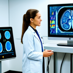A professional radiologist, fully clothed in a modest lab coat over appropriate business attire, stands in a state-of-the-art radiology reading room. Large, glowing diagnostic screens display complex medical scans (MRI, CT) with AI-generated overlays, heatmaps, and precise detection boxes. The radiologist is focused, thoughtfully interacting with a futuristic touch interface, indicating a collaborative partnership with artificial intelligence. The environment is clean, bright, and futuristic. Perfect anatomy, correct proportions, natural pose, well-formed hands, proper finger count. Professional photography, high resolution, safe for work, appropriate content, family-friendly.