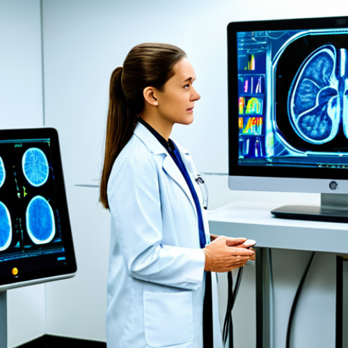 A professional radiologist, fully clothed in a modest lab coat over appropriate business attire, stands in a state-of-the-art radiology reading room. Large, glowing diagnostic screens display complex medical scans (MRI, CT) with AI-generated overlays, heatmaps, and precise detection boxes. The radiologist is focused, thoughtfully interacting with a futuristic touch interface, indicating a collaborative partnership with artificial intelligence. The environment is clean, bright, and futuristic. Perfect anatomy, correct proportions, natural pose, well-formed hands, proper finger count. Professional photography, high resolution, safe for work, appropriate content, family-friendly.