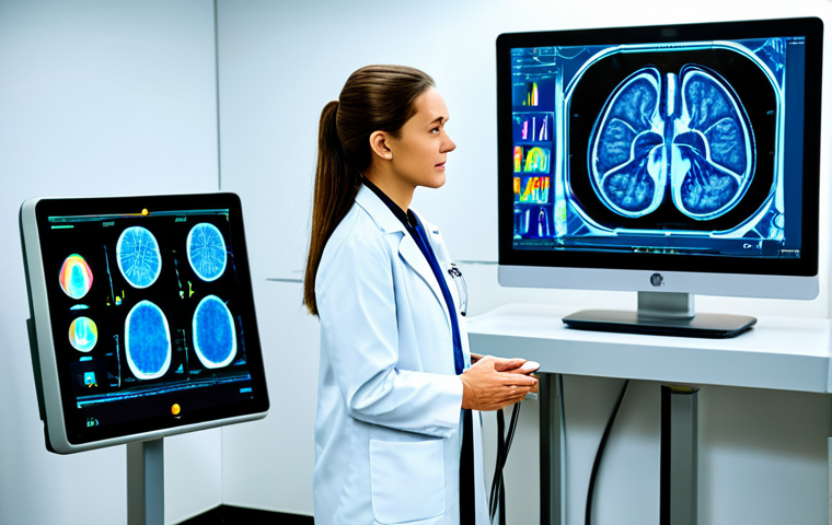 A professional radiologist, fully clothed in a modest lab coat over appropriate business attire, stands in a state-of-the-art radiology reading room. Large, glowing diagnostic screens display complex medical scans (MRI, CT) with AI-generated overlays, heatmaps, and precise detection boxes. The radiologist is focused, thoughtfully interacting with a futuristic touch interface, indicating a collaborative partnership with artificial intelligence. The environment is clean, bright, and futuristic. Perfect anatomy, correct proportions, natural pose, well-formed hands, proper finger count. Professional photography, high resolution, safe for work, appropriate content, family-friendly.