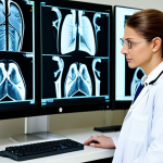 **

"A female radiologist in a bright, modern hospital reading room, reviewing a digital X-ray on a large monitor. She is wearing professional, modest attire: a lab coat over a blouse and dress pants. The room is clean and well-lit, with multiple monitors displaying medical images. Focus on her intelligent and thoughtful expression. Safe for work, appropriate content, fully clothed, perfect anatomy, natural pose, professional."

**