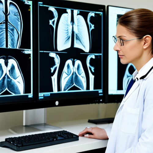 **

"A female radiologist in a bright, modern hospital reading room, reviewing a digital X-ray on a large monitor. She is wearing professional, modest attire: a lab coat over a blouse and dress pants. The room is clean and well-lit, with multiple monitors displaying medical images. Focus on her intelligent and thoughtful expression. Safe for work, appropriate content, fully clothed, perfect anatomy, natural pose, professional."

**