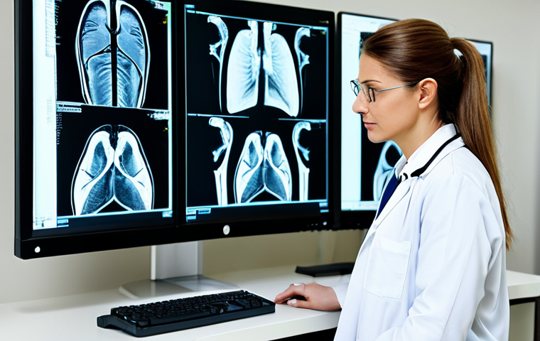 **
"A female radiologist in a bright, modern hospital reading room, reviewing a digital X-ray on a large monitor. She is wearing professional, modest attire: a lab coat over a blouse and dress pants. The room is clean and well-lit, with multiple monitors displaying medical images. Focus on her intelligent and thoughtful expression. Safe for work, appropriate content, fully clothed, perfect anatomy, natural pose, professional."
**