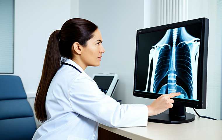 방사선사 직무교육 필요성 - "A professional female radiologist in a fully clothed, modest lab coat, reviewing a digital X-ray im...