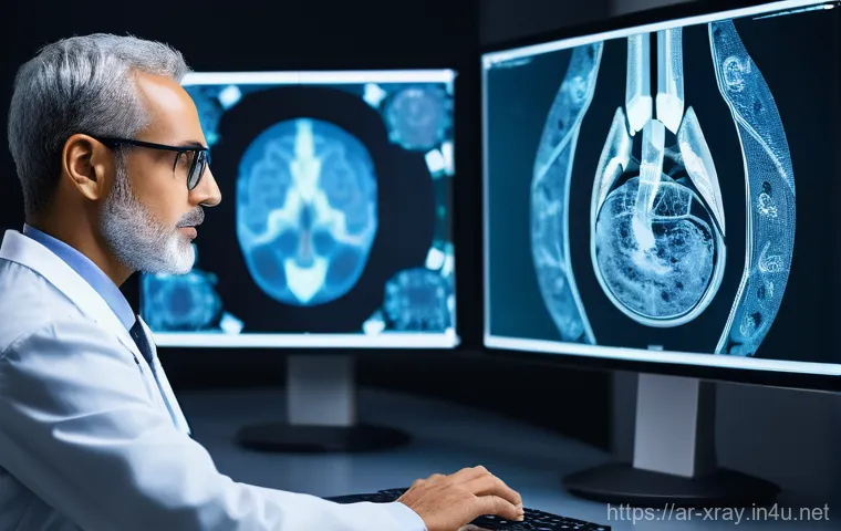방사선사 자격 갱신 과정 - **Prompt:** A highly organized and focused radiologist, in their late 30s to early 40s, meticulously...