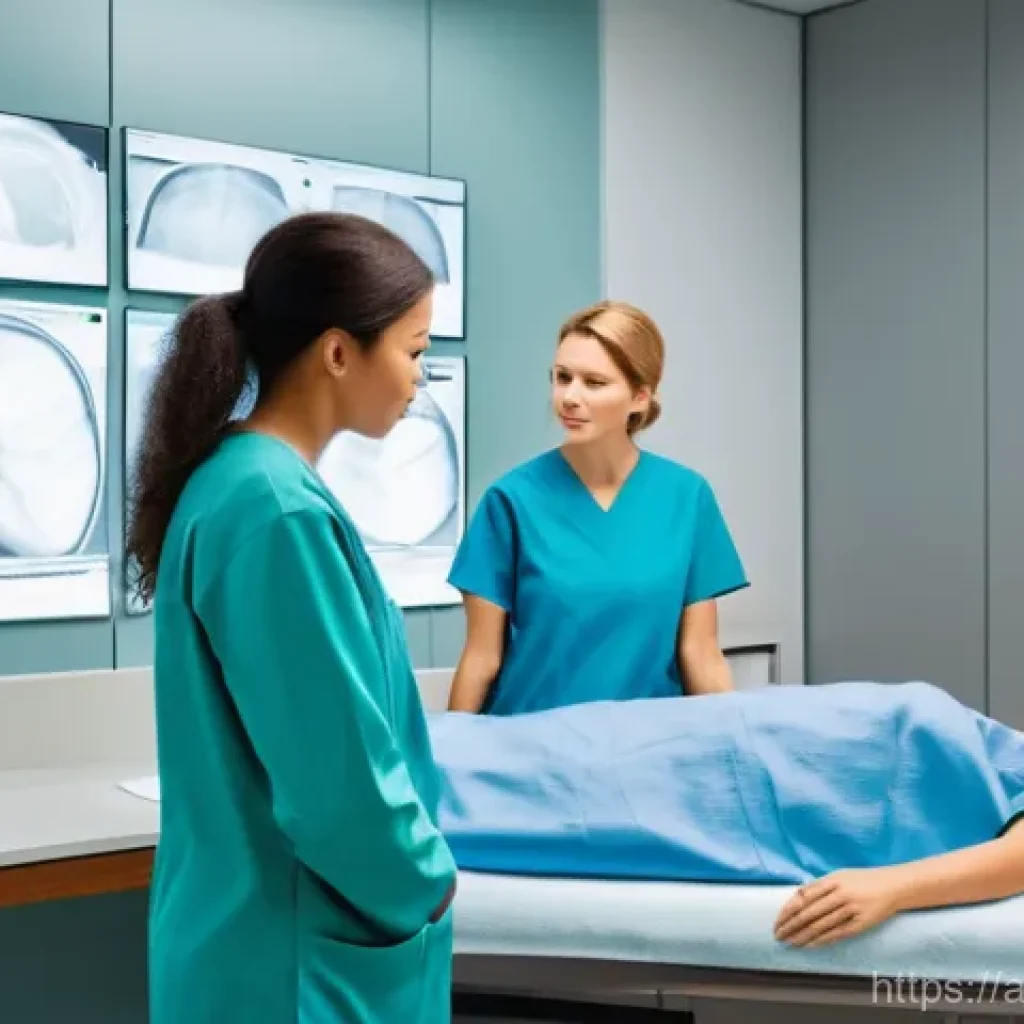 방사선사 병원 근무 일상 - **Prompt:** "A warm and reassuring scene in a modern radiology room. A compassionate female radiolog...
