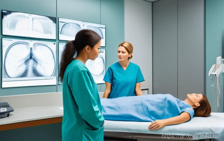 방사선사 병원 근무 일상 - **Prompt:** "A warm and reassuring scene in a modern radiology room. A compassionate female radiolog...