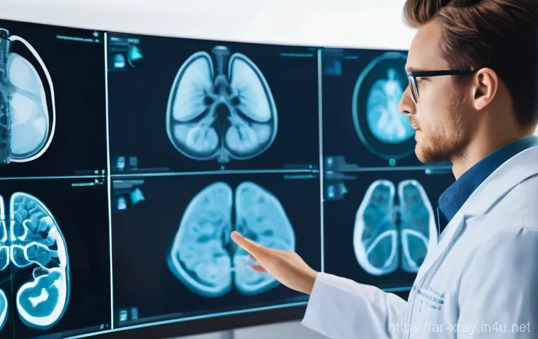 방사선사 병원 근무 일상 - **Prompt:** "A highly focused male radiologist, dressed in professional medical scrubs, in a sophist...