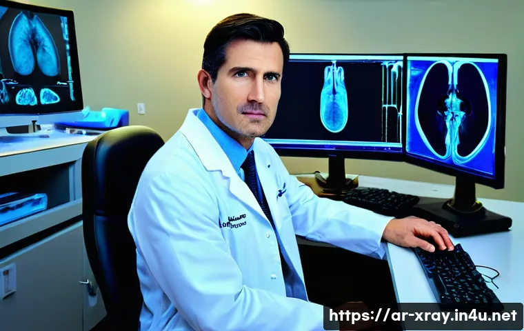방사선사 학습 자료 추천 - **Prompt 1: Dedicated Radiologist in a Modern Reading Room** An experienced male radiologist, in...