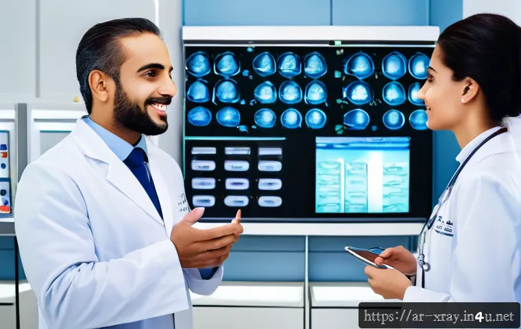 방사선사 근무지 문화 차이 - A diverse group of radiology professionals from Middle Eastern and Western backgrounds collaborating...