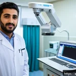 Home 22 방사선사 자격증 취득 가이드 - A professional Middle Eastern radiologic technologist in a modern hospital radiology room, wearing a...