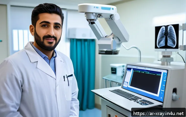 방사선사 자격증 취득 가이드 - A professional Middle Eastern radiologic technologist in a modern hospital radiology room, wearing a...