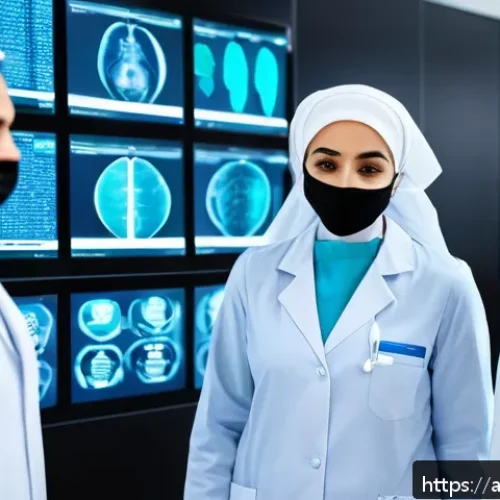 Home 33 방사선사와 개인정보보호법 - A modern medical imaging center in a Middle Eastern setting, showcasing advanced digital security me...