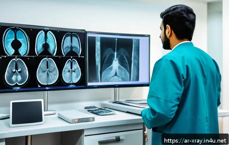 방사선사 면접 질문 준비 - A modern radiology department in a large hospital in the Middle East, showing a skilled radiologist ...