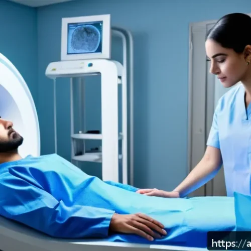 Home 30 CT 촬영 실무 팁 - A professional radiology technician of Middle Eastern descent adjusting a modern CT scan machine in ...