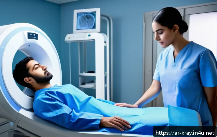 CT 촬영 실무 팁 - A professional radiology technician of Middle Eastern descent adjusting a modern CT scan machine in ...