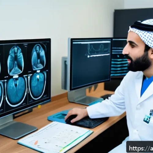 Home 17 방사선사와 병원 조직 문화 - A modern radiology department in a large hospital in the Middle East, featuring a diverse team of Ar...