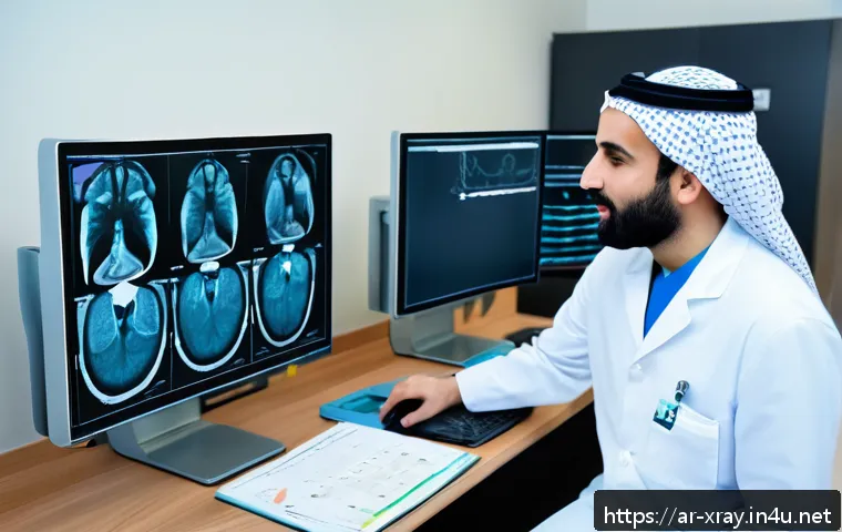 방사선사와 병원 조직 문화 - A modern radiology department in a large hospital in the Middle East, featuring a diverse team of Ar...