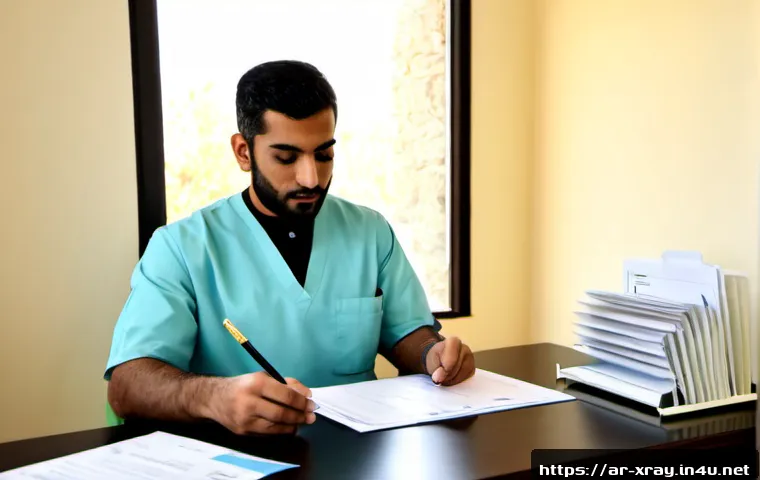 Home 17 방사선사 경력증명서 준비 방법 - Photorealistic Arab radiologic technologist in modest professional attire organizing a career certif...