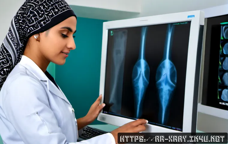 방사선사 국제 자격증 정보 - Photorealistic radiologic technologist in a modest professional uniform and headscarf reviewing an i...