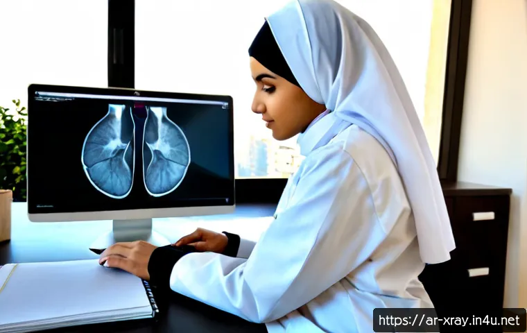 방사선사 대학원 진학 준비 - Photorealistic aspiring Arab radiologic technologist preparing for graduate school, modestly dressed...