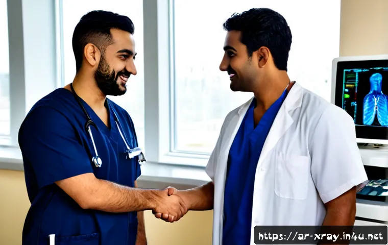 방사선사 복직 성공 사례 - Photorealistic Arab male radiologic technologist in clean navy scrubs and a modest white lab coat re...