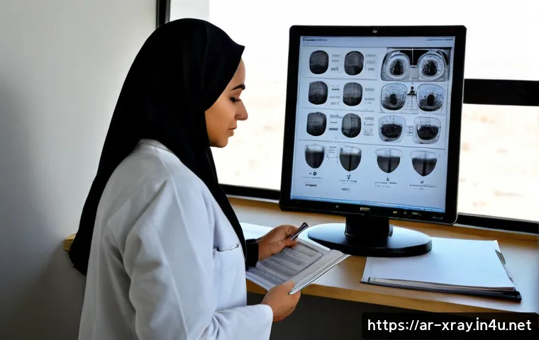 방사선사 해외 학술지 논문 리뷰 - Photorealistic radiologic technologist in a modern Middle Eastern hospital research office, wearing ...